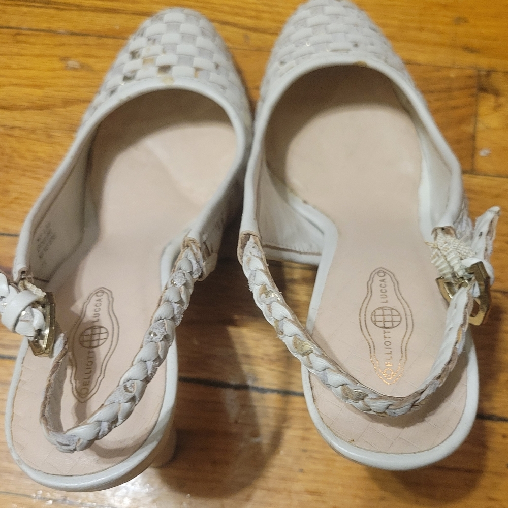 Oelliott Lucca Woven Metallic Elegant White Sling Back Leather High Heels SZ 7.5